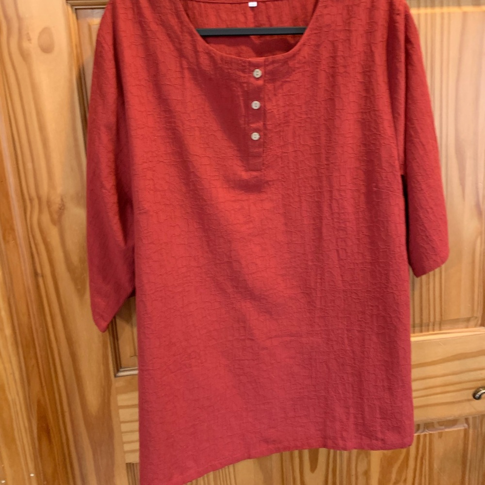 Rich Brick colored Textured Button-Up Blouse
